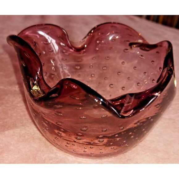 Vintage Controlled Bubbles Handblown Bullicante Bowl Ashtray Lilac Purple - Picture 9 of 11